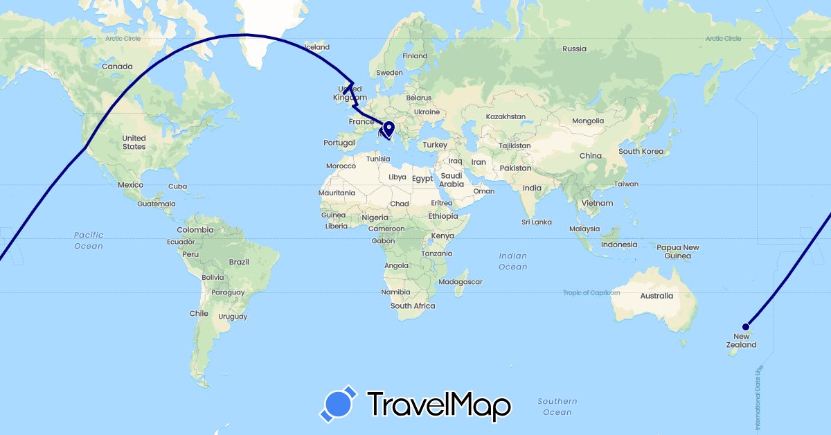 TravelMap itinerary: driving in France, United Kingdom, Italy, New Zealand, United States, Vatican City (Europe, North America, Oceania)
